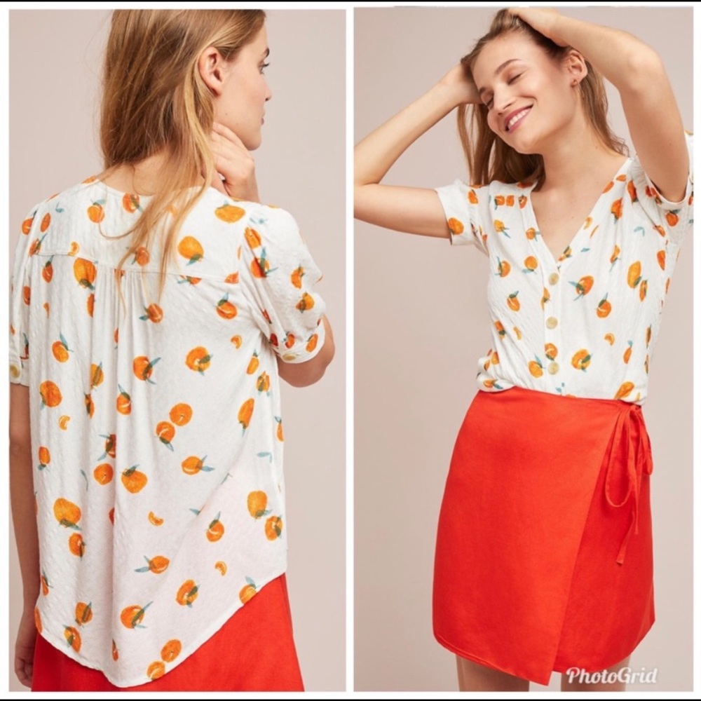 Maeve Anthropologie Button Down Orange Print Shirt Blouse US 6